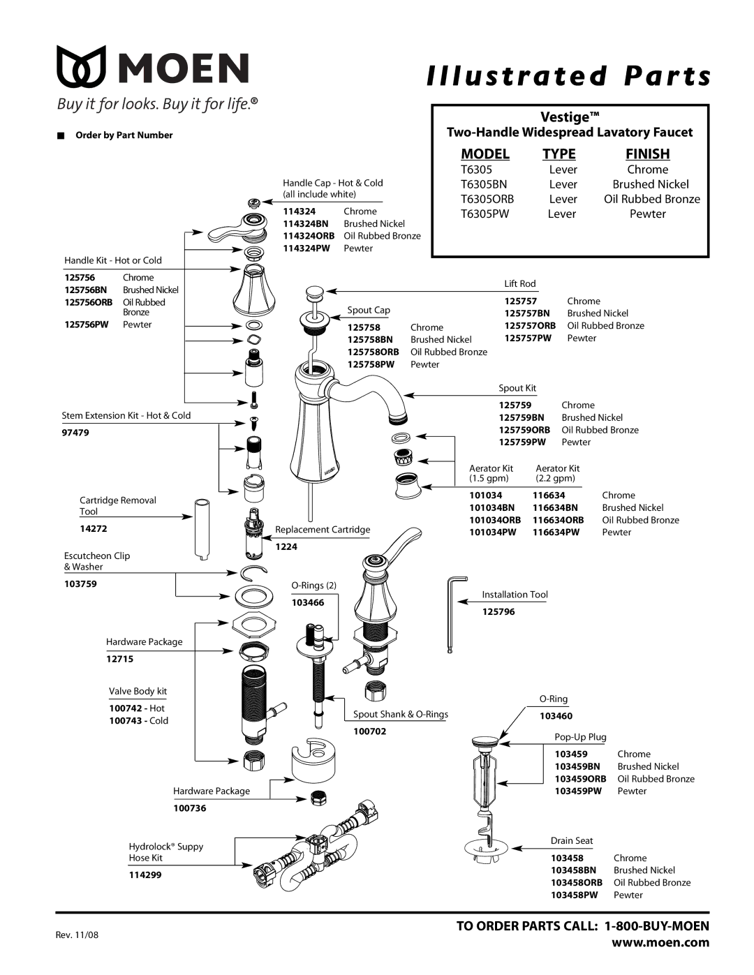 Moen T6305ORB, T6305PW, T6305BN manual Illustrated Par ts, Model Type, Finish 