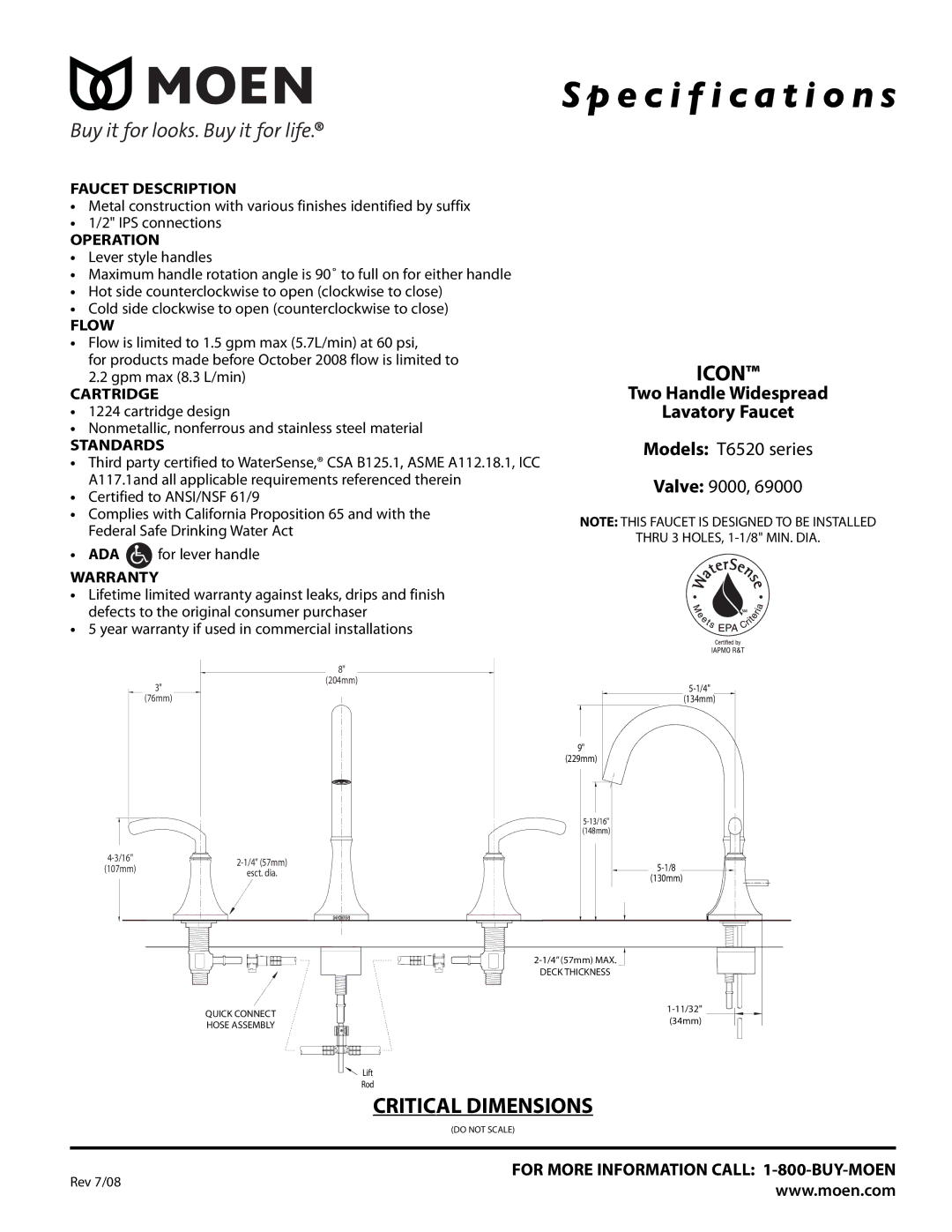 Moen T6520 Series specifications Specification s, Icon, Critical Dimensions, Two Handle Widespread Lavatory Faucet 