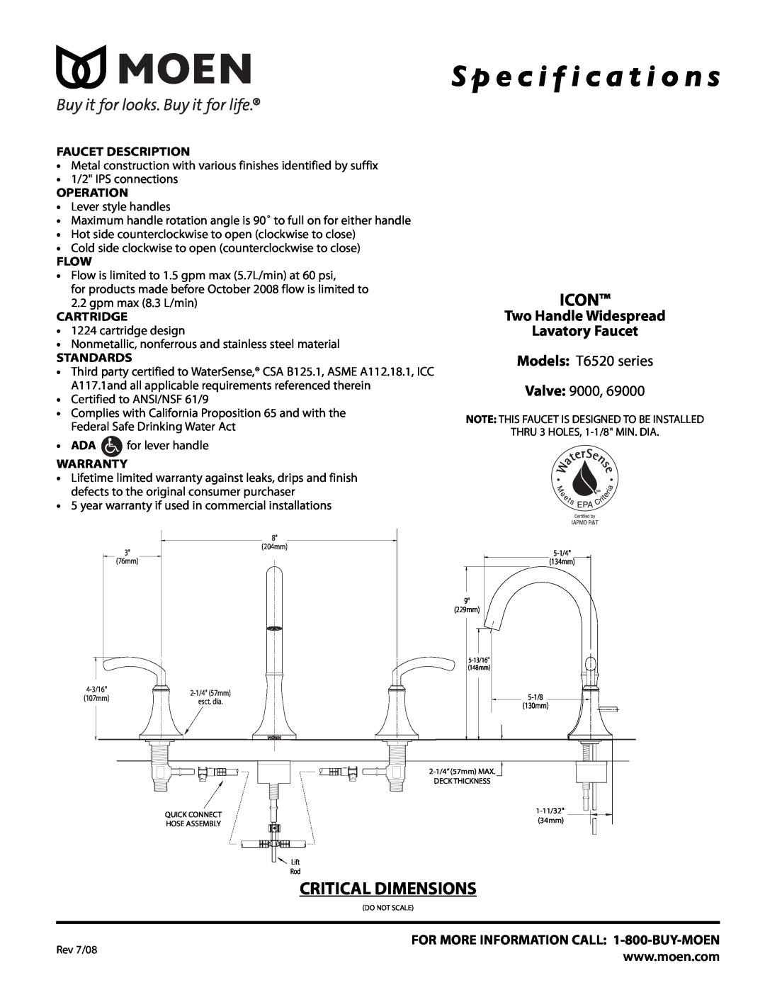 Moen T6520 Series specifications S p e c i f i c a t i o n s, Icon, Critical Dimensions, Models T6520 series Valve 9000 