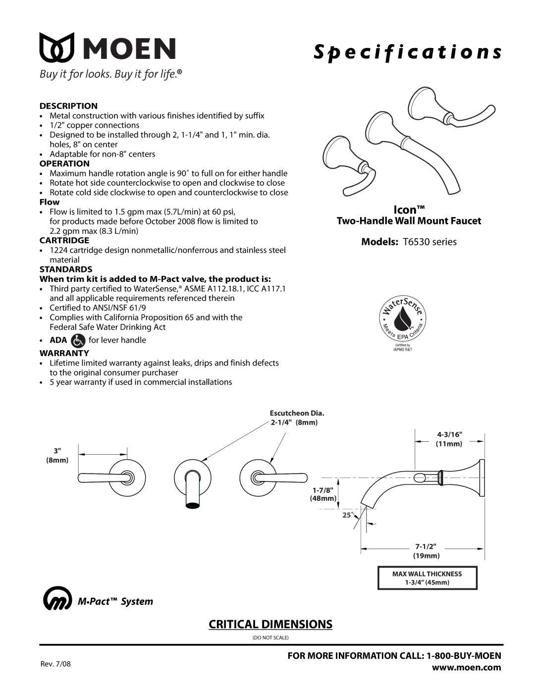 Moen T6530 Series specifications Specification s, Icon, Two-Handle Wall Mount Faucet, MPact System 