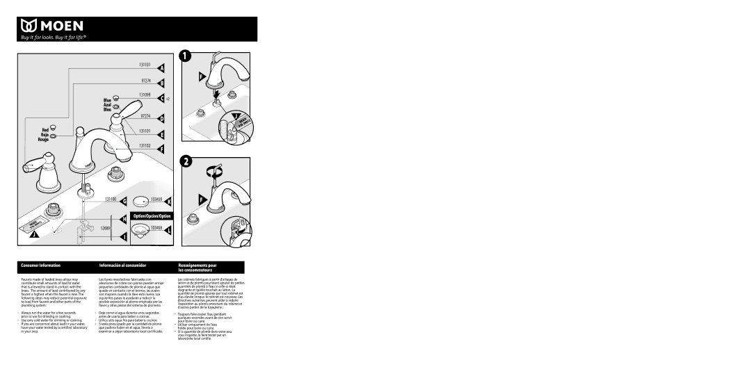 Moen T6620 Series warranty 131101 97274 Blue 131099 Azul Bleu, Red 131101, 131102 131100, 12689 103458 