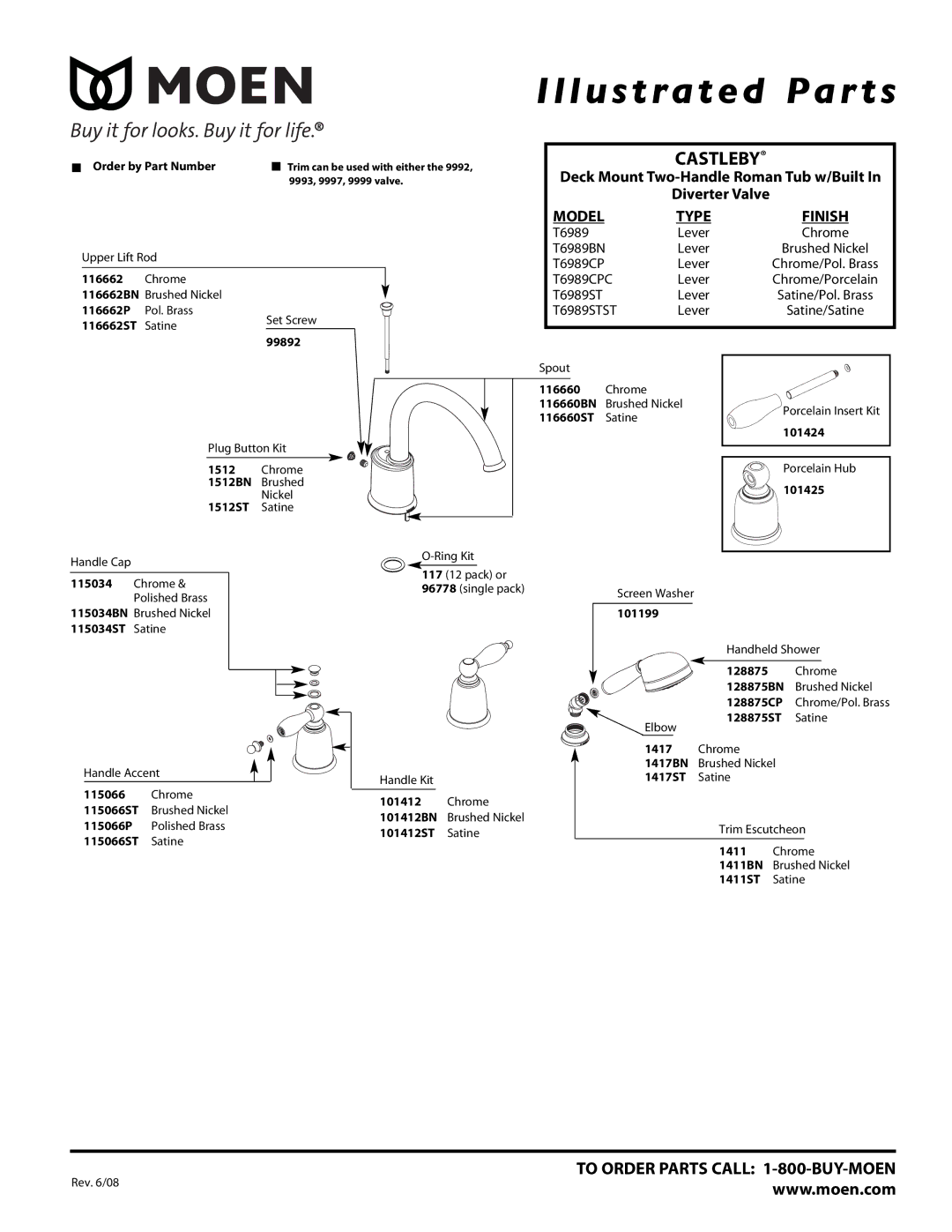 Moen T6989STST, T6989BN, T6989CPC manual Illustrated Par ts, Castleby, Type, Model, Finish 