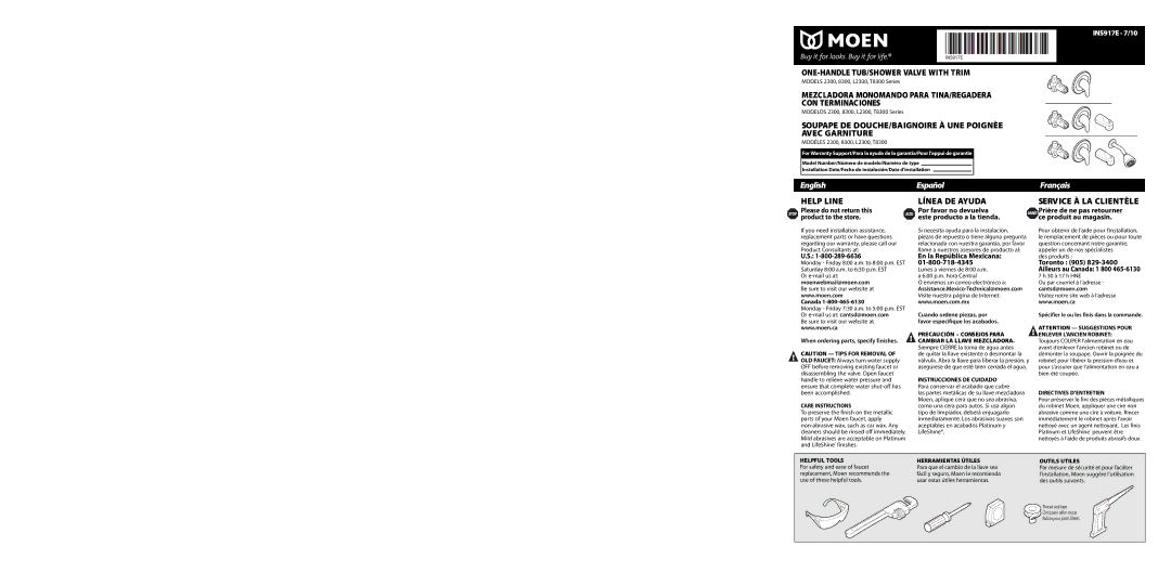 Moen 8300 warranty Por favor no devuelva Prière de ne pas retourner, Este producto a la tienda Arrét ce produit au magasin 