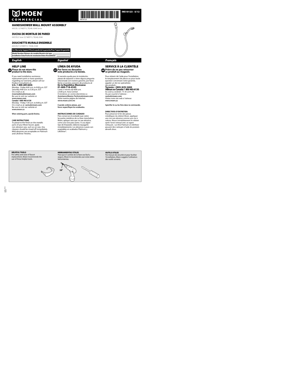 Moen T8348, 52748EP15 warranty English, Español, Français 