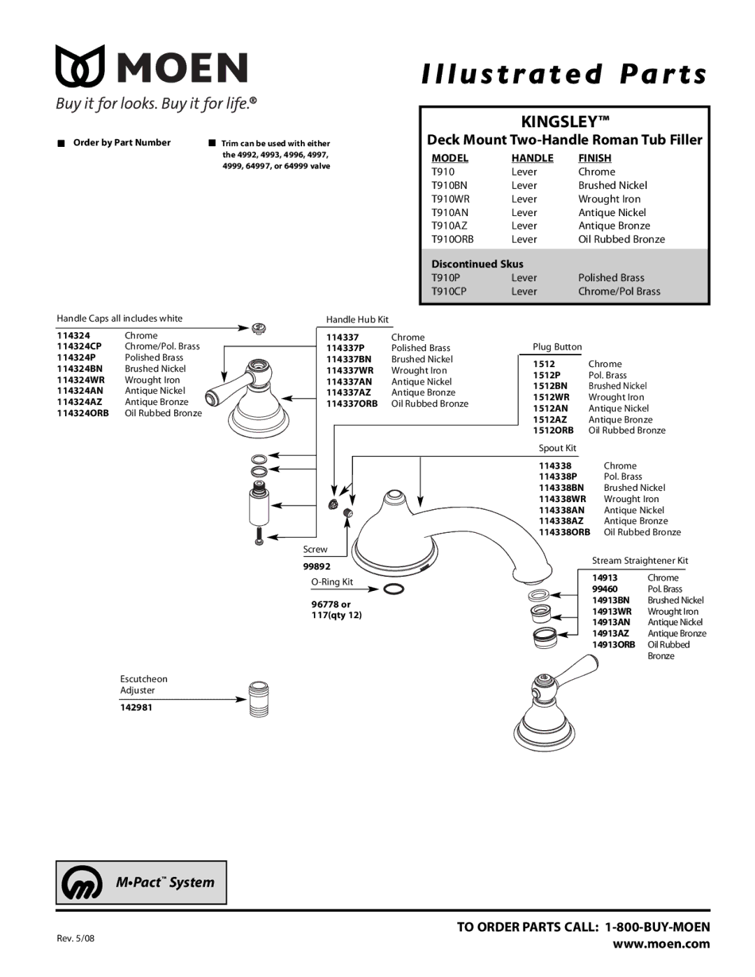 Moen T910CP manual Illustrated Par ts, Kingsley, Deck Mount Two-Handle Roman Tub Filler, MPact System, Model Handle Finish 