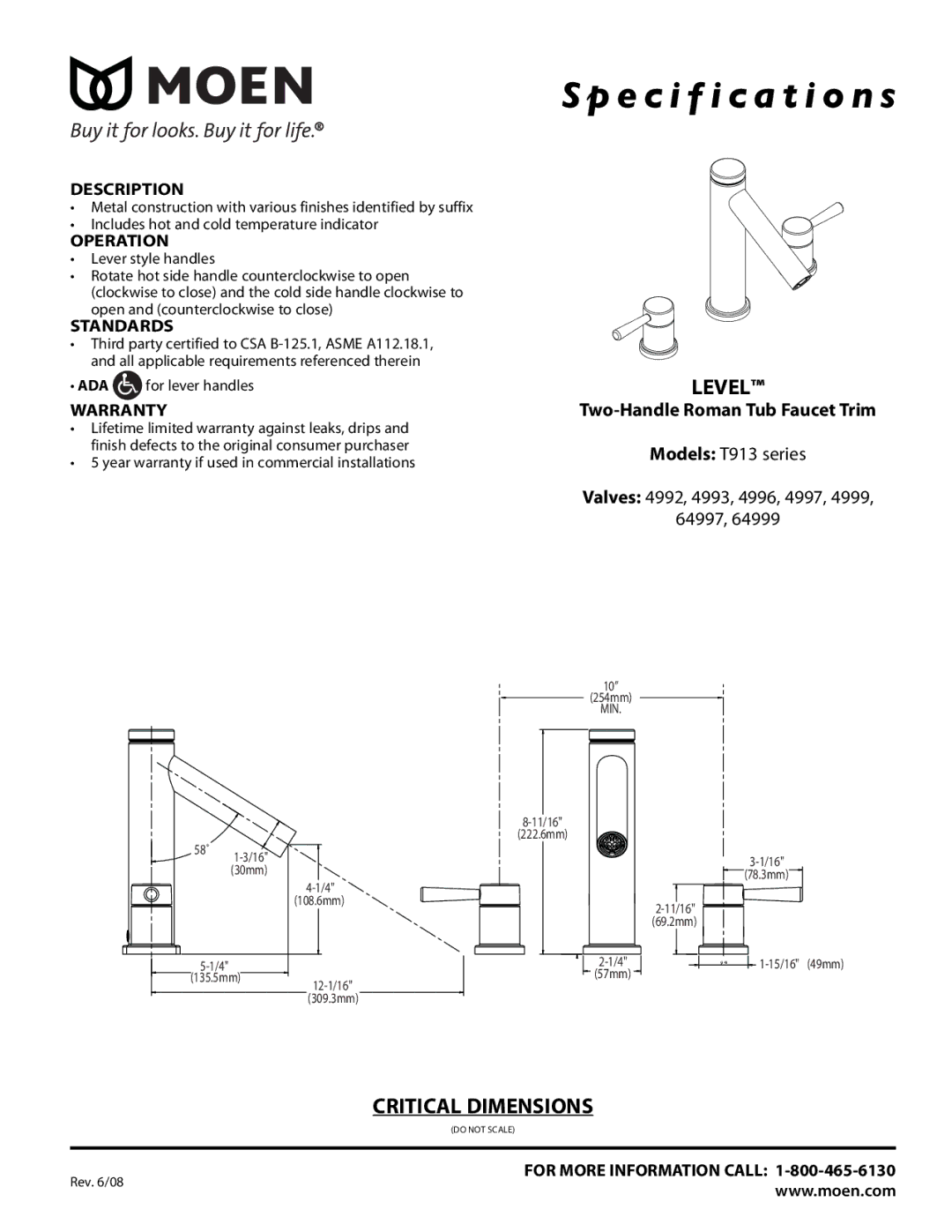 Moen T913 Series specifications Specification s, Level, Critical Dimensions, Two-Handle Roman Tub Faucet Trim 