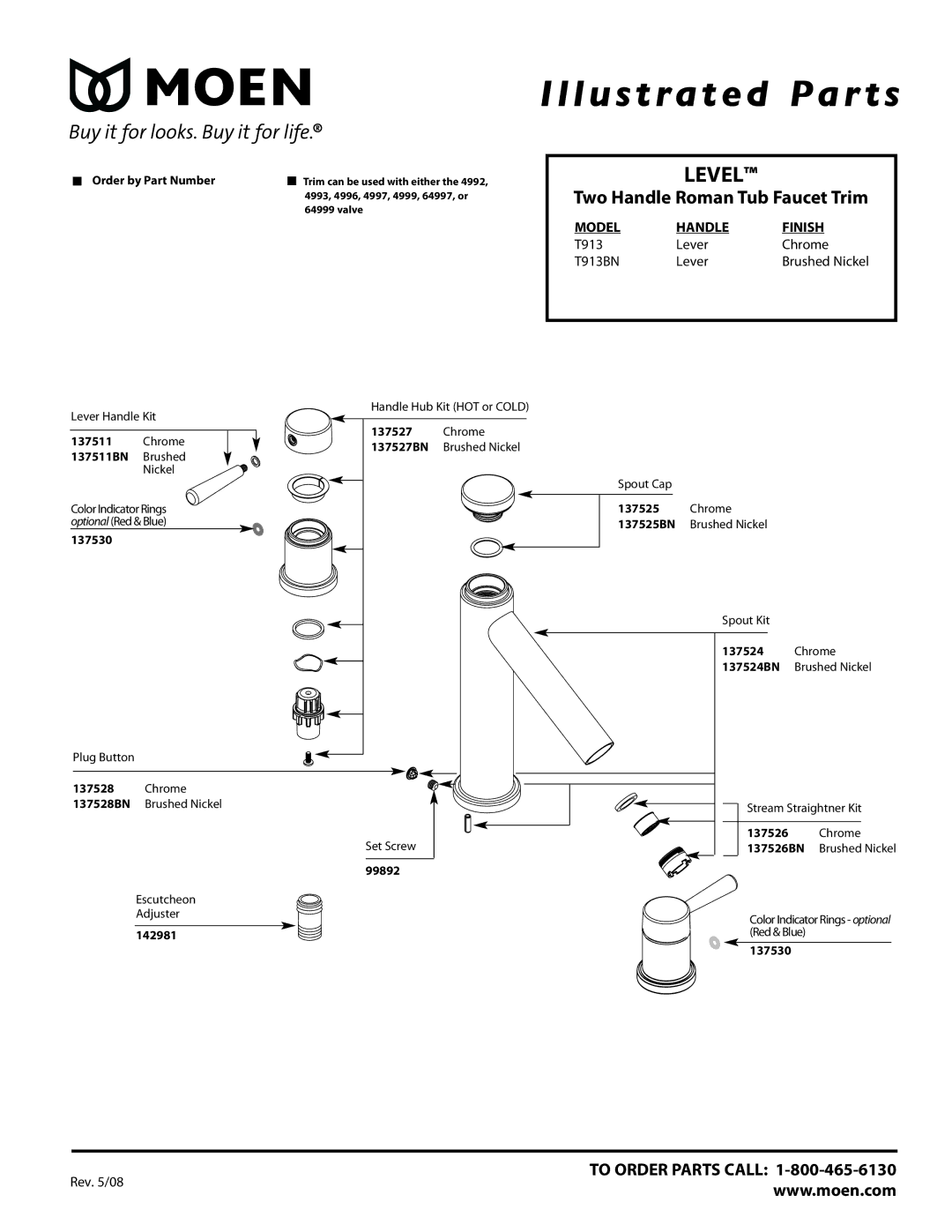 Moen T913BN manual Illustrated Par ts, Level, Two Handle Roman Tub Faucet Trim, Model Handle Finish 