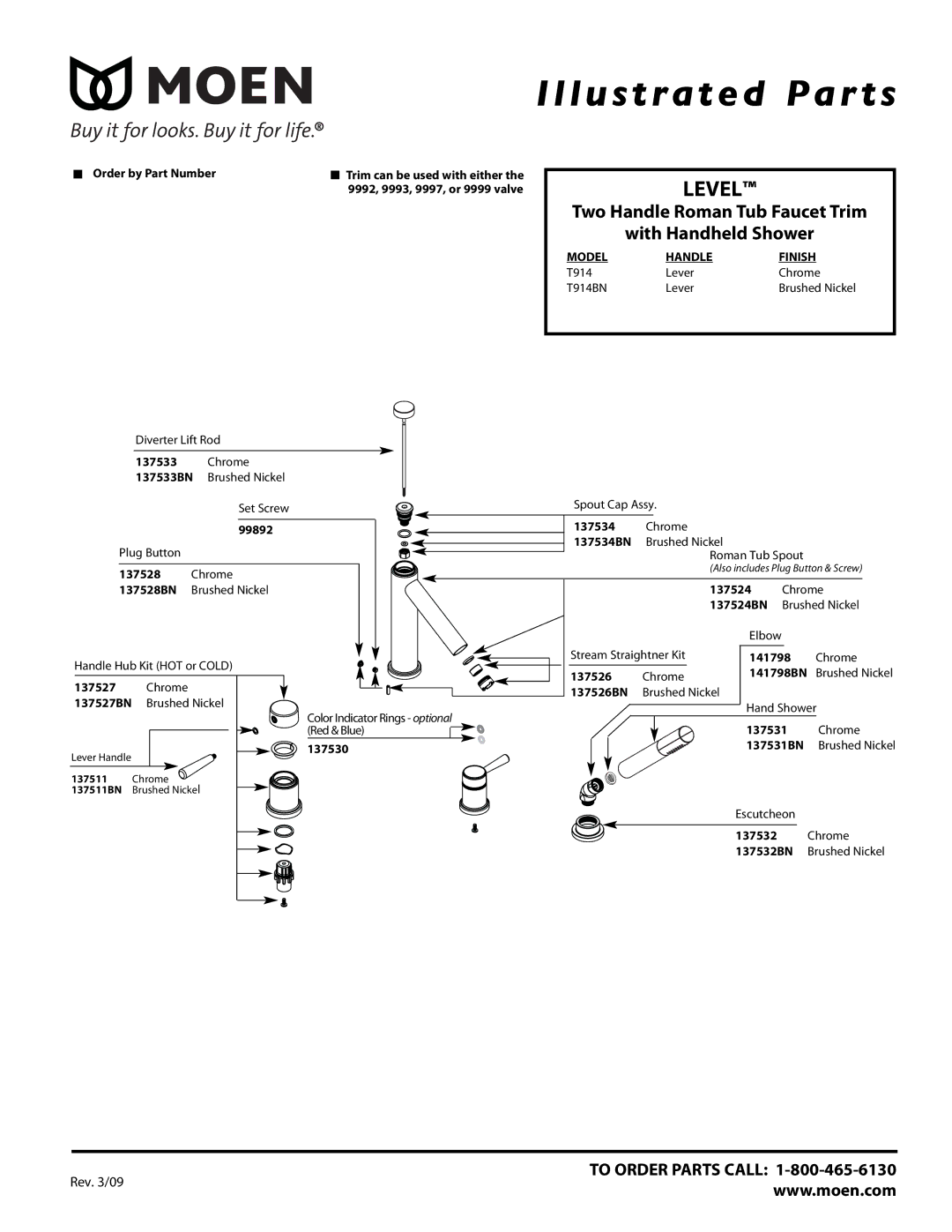 Moen T914 manual Illustrated Par ts, Level, Two Handle Roman Tub Faucet Trim With Handheld Shower, Model Handle Finish 