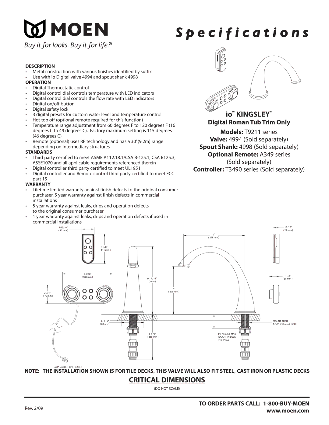 Moen T9211 series dimensions Io Kingsley, Digital Roman Tub Trim Only, Optional Remote A349 series 