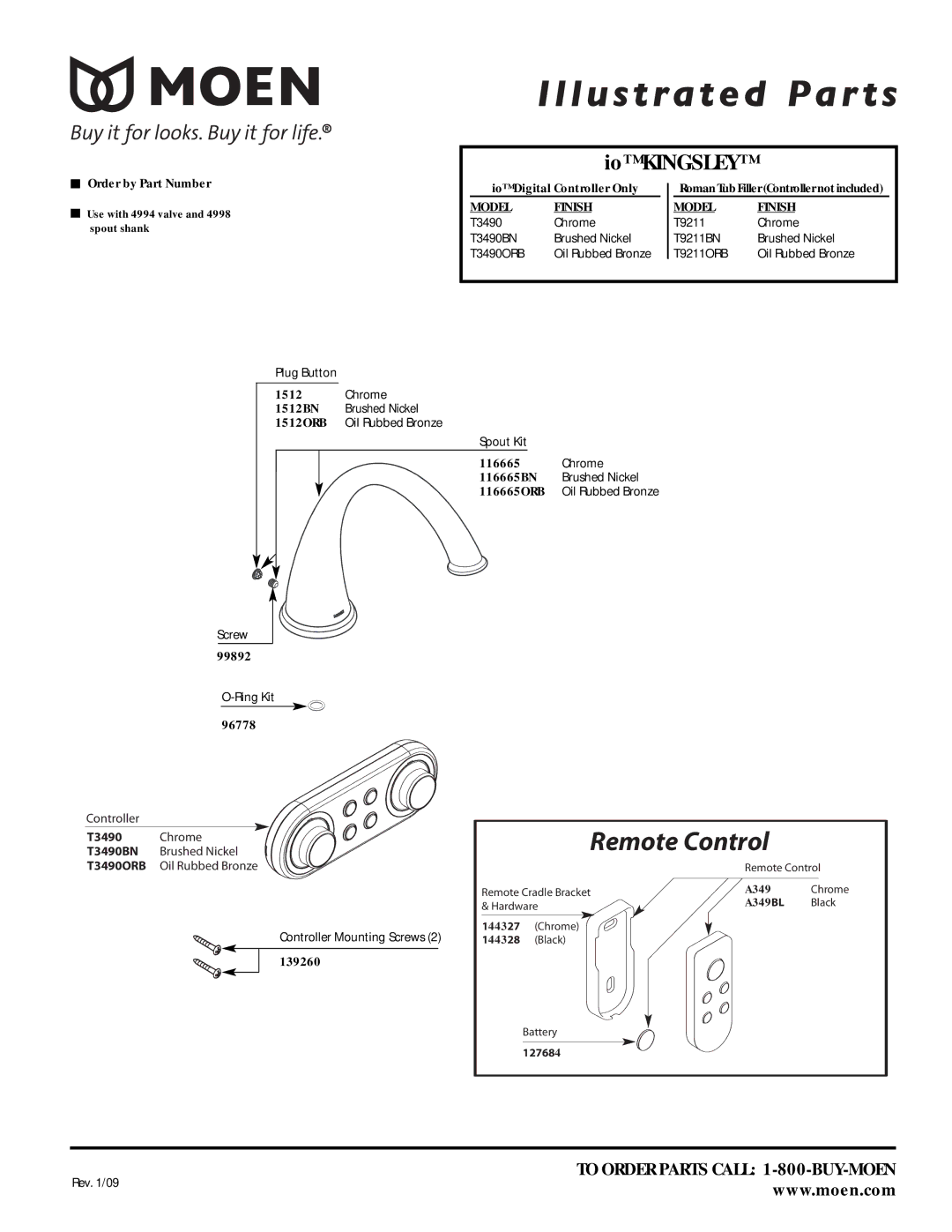 Moen T9211ORB, T9211BN manual Remote Control, Io Kingsley, Model Finish 