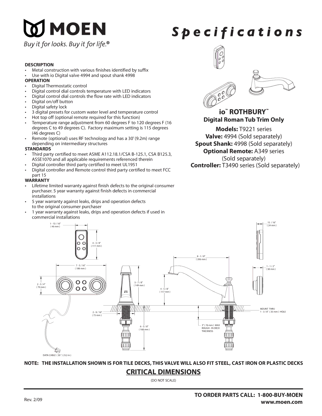 Moen T9221 Series dimensions Io Rothbury, Digital Roman Tub Trim Only, Optional Remote A349 series 