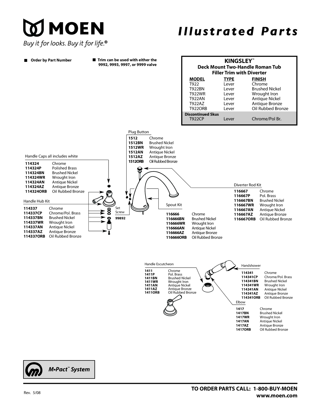 Moen T922CP, T922AN, T922AZ, T922WR, T922BN manual Illustrated Par ts, Kingsley, Model Type Finish, T922ORB 