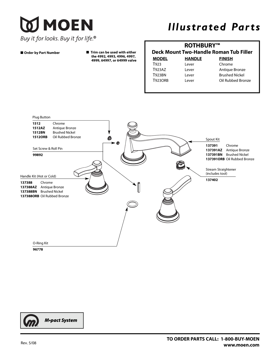 Moen T923BN, T923AZ manual Illus trated Par ts, Rothbury, Deck Mount Two-Handle Roman Tub Filler, Model Handle Finish 