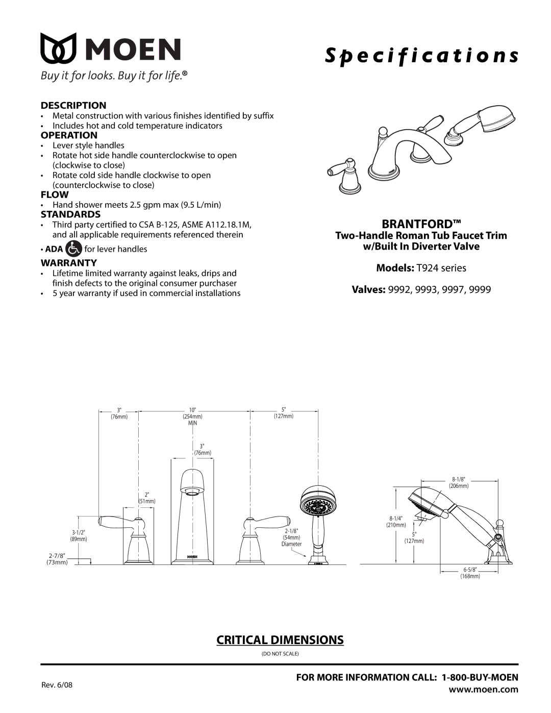 Moen T924 Series specifications Specification s, Brantford, Critical Dimensions 