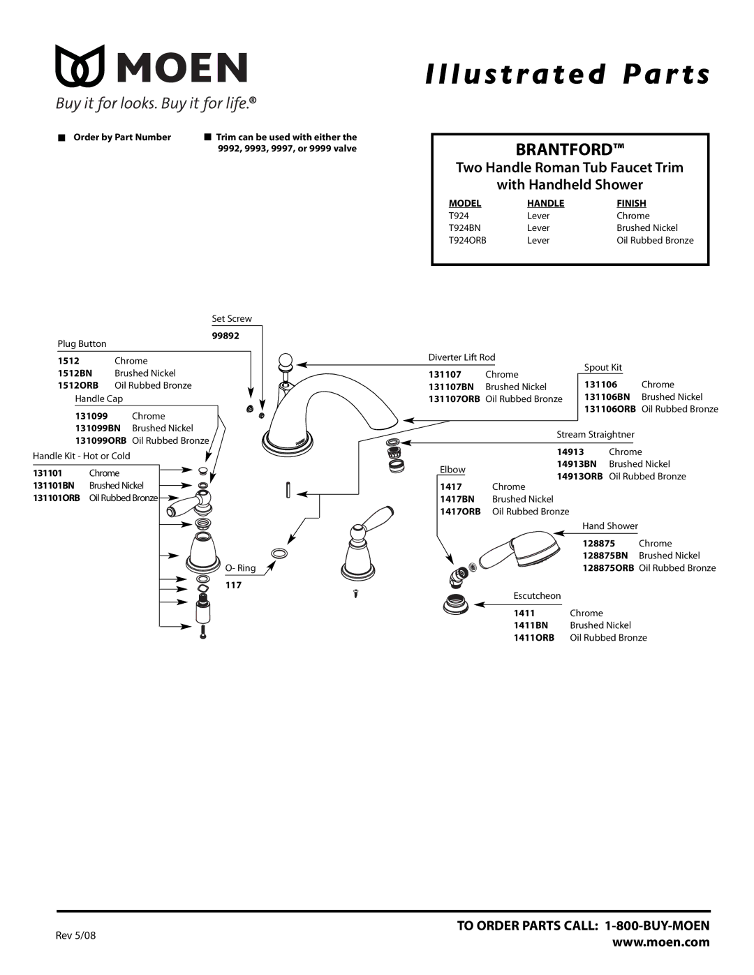 Moen T924BN, T924ORB manual Illustrated Par ts, Brantford, Two Handle Roman Tub Faucet Trim With Handheld Shower 