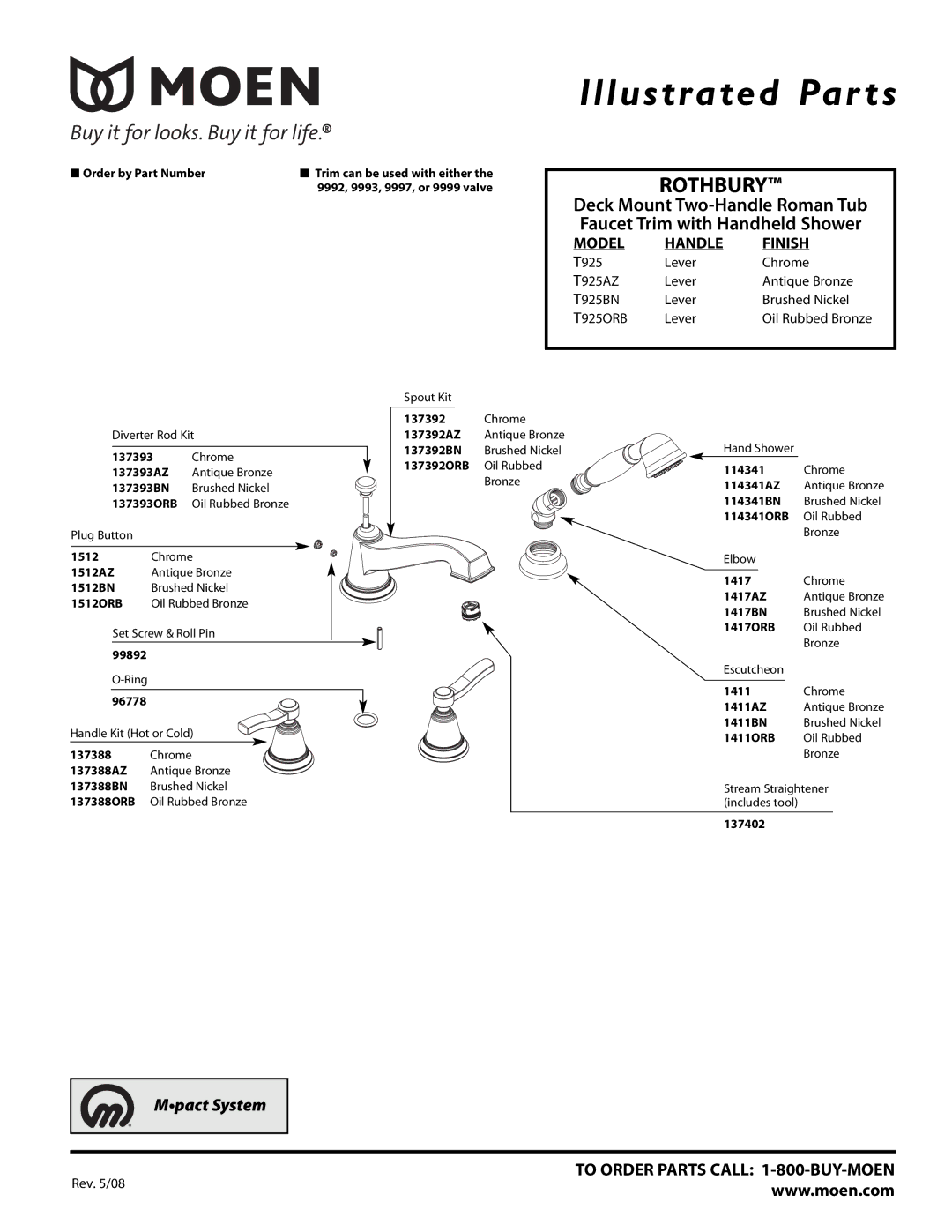 Moen T925ORB, T925BN, T925AZ manual Illus trated Par ts, Rothbury, Model Handle Finish 