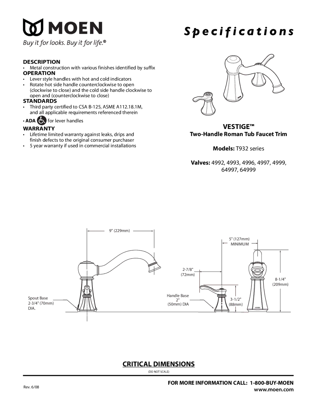 Moen T932 specifications Specification s, Vestige, Critical Dimensions, Two-Handle Roman Tub Faucet Trim 