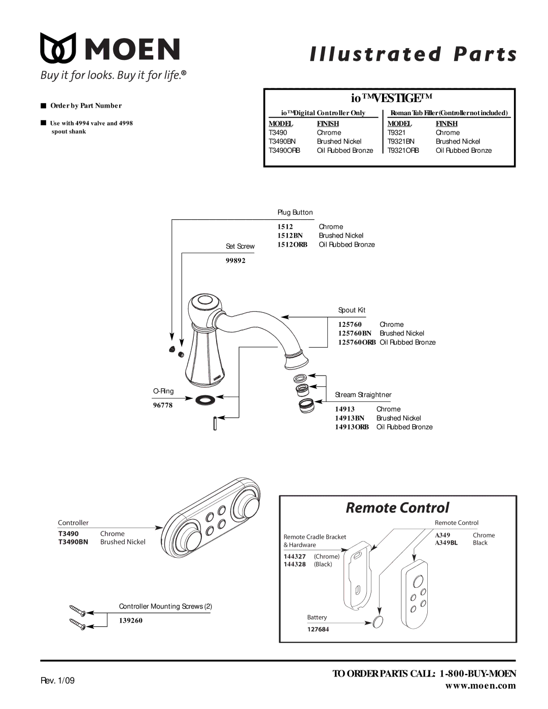 Moen T9321ORB, T9321BN manual Remote Control, Io Vestige, Model Finish 