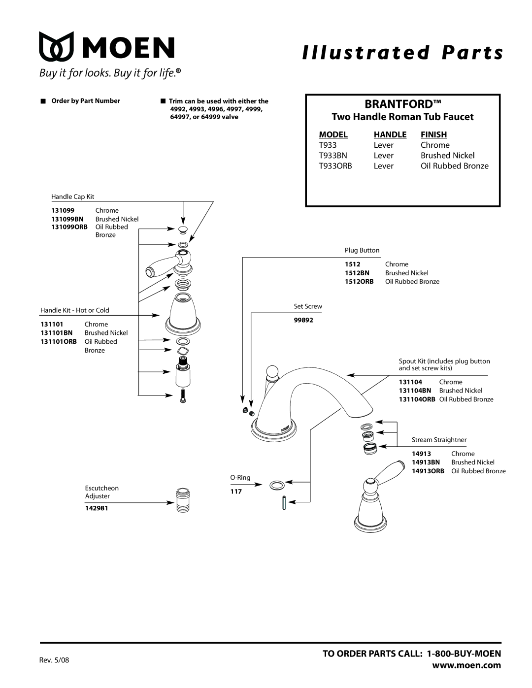 Moen T933ORB, T933BN manual Illustrated Par ts, Brantford, Two Handle Roman Tub Faucet, Model Handle Finish 