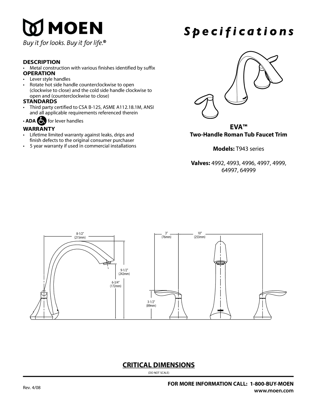 Moen T943 specifications Specification s, Eva, Critical Dimensions 