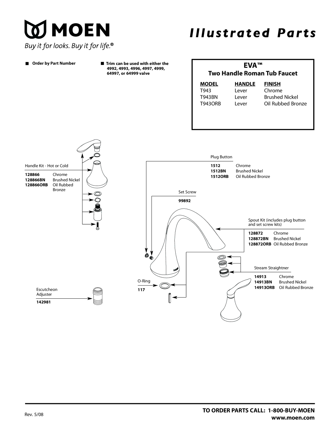 Moen T943ORB, T943BN manual Illustrated Par ts, Eva, Two Handle Roman Tub Faucet, Model Handle Finish 