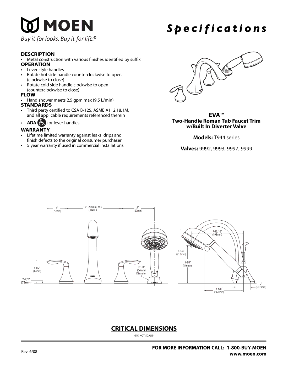 Moen T944 Series specifications Specification s, Eva, Critical Dimensions 