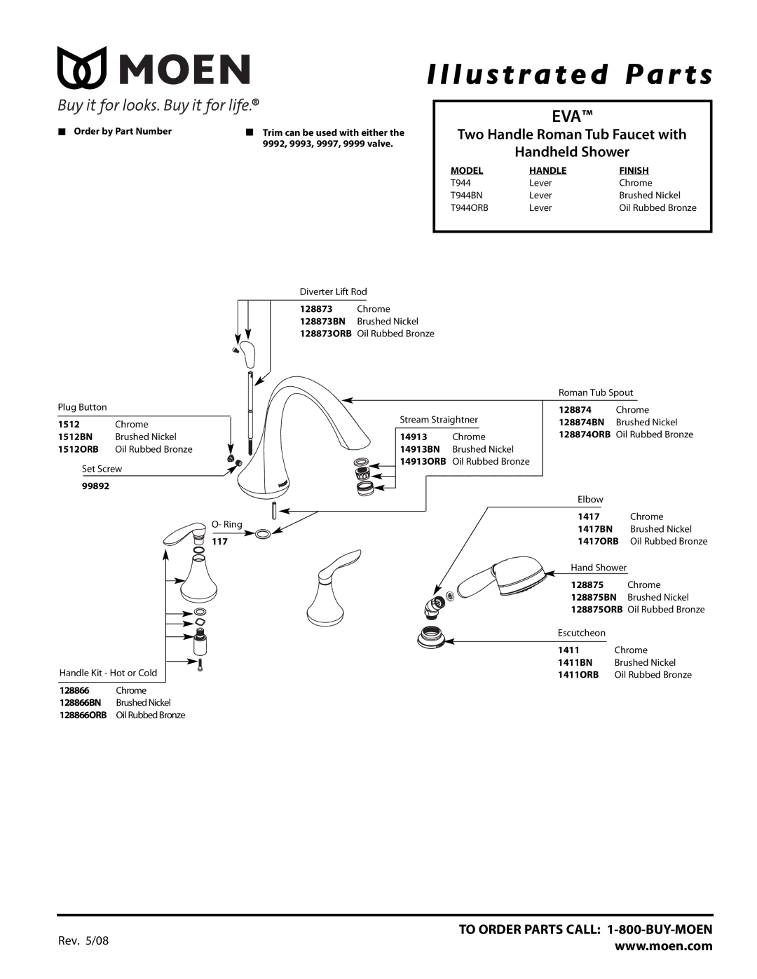 Moen T944BN manual Illustrated Par ts, Eva, Two Handle Roman Tub Faucet with Handheld Shower, Model Handle Finish, T944ORB 