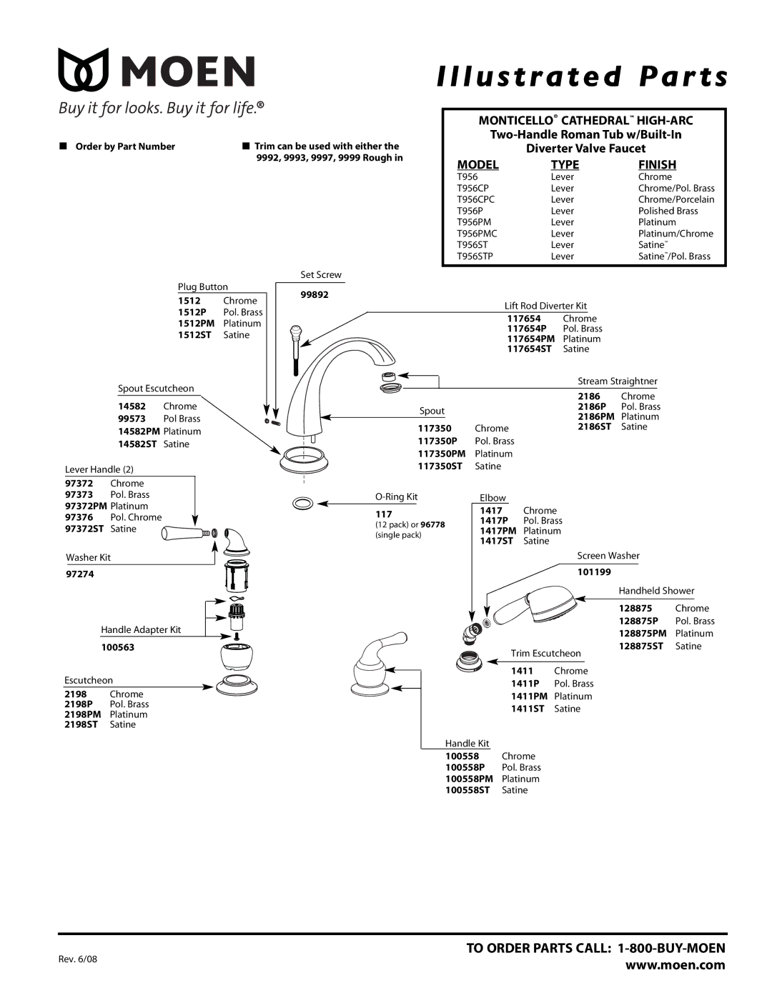 Moen T956STP, T956PMC, T956CPC manual Illustrated Par ts, Model Type Finish, Monticello Cathedral HIGH-ARC 