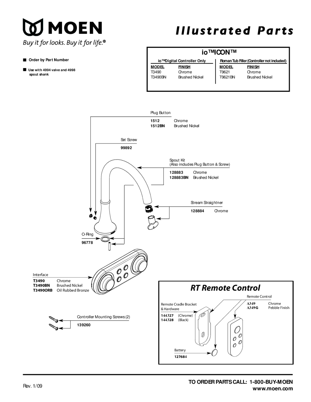 Moen T9621BN manual RT Remote Control, Io Icon, Model Finish 