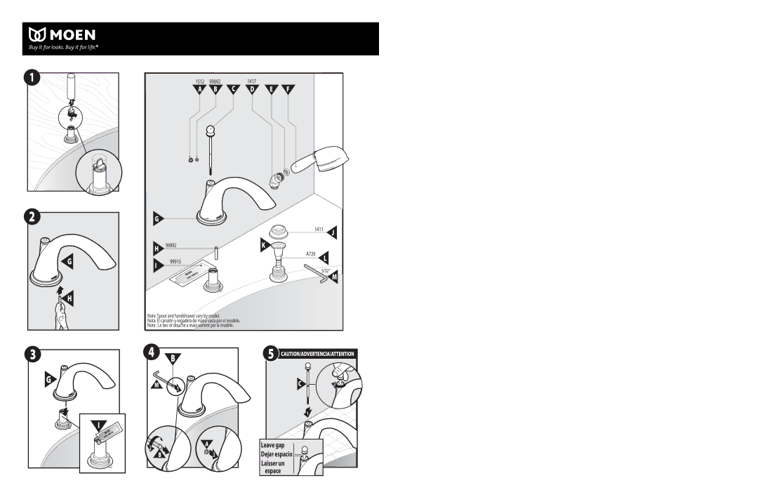 Moen T9222, T9622, T9322, T9212 warranty Leave gap Dejar espacio Laisser un 