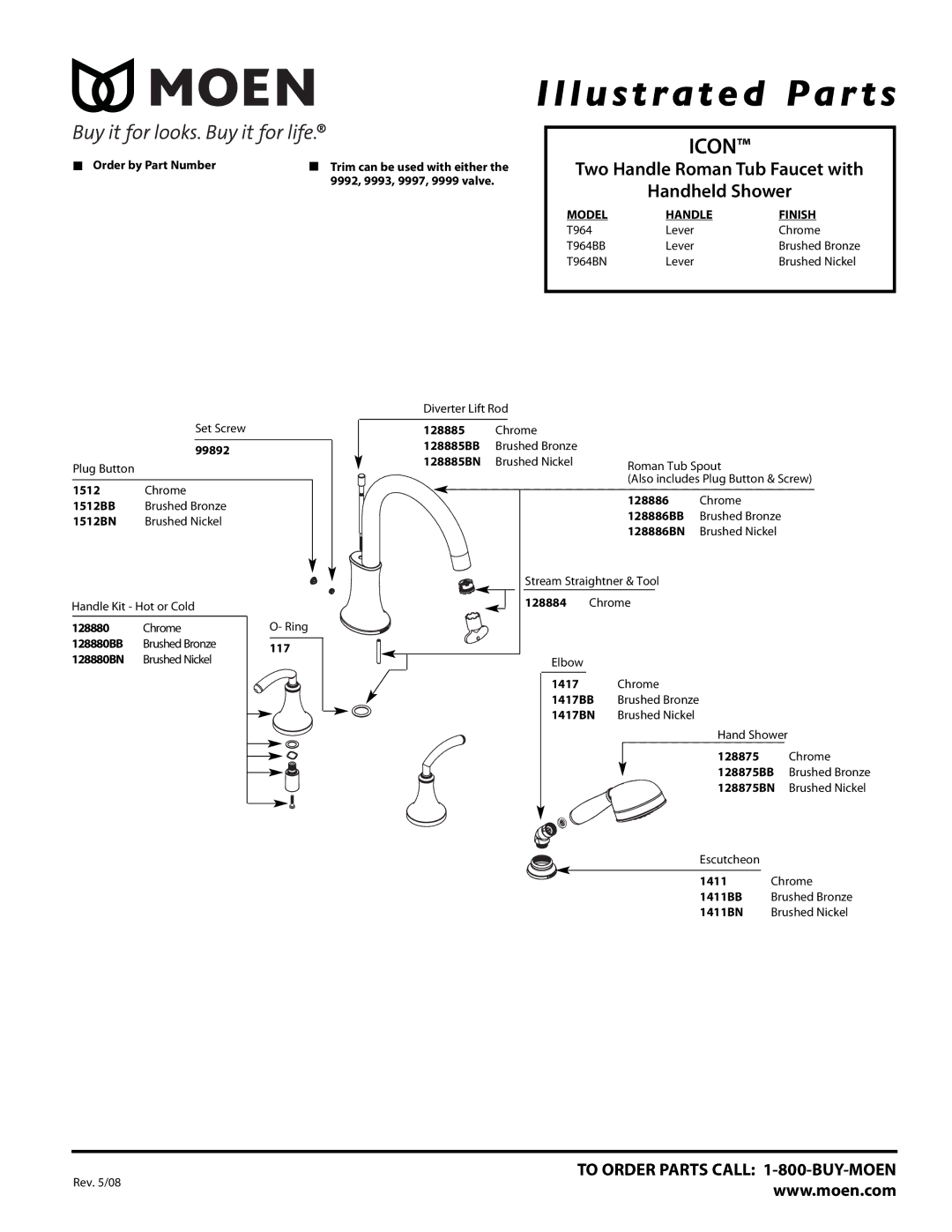 Moen T964BB, T964BN manual Illustrated Par ts, Icon, Two Handle Roman Tub Faucet with Handheld Shower, Model Handle Finish 