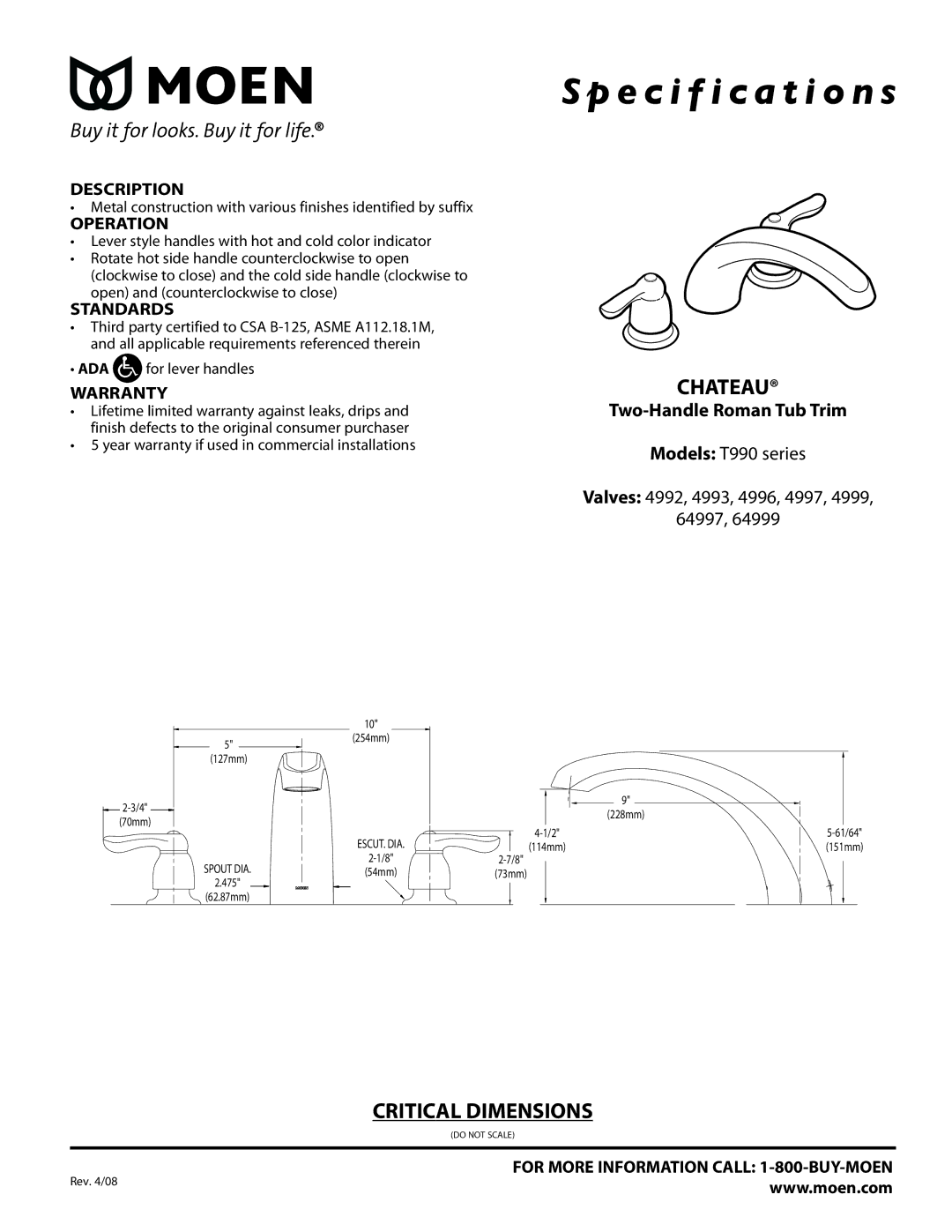 Moen T990 series specifications Specification s, Chateau, Critical Dimensions, Two-Handle Roman Tub Trim 