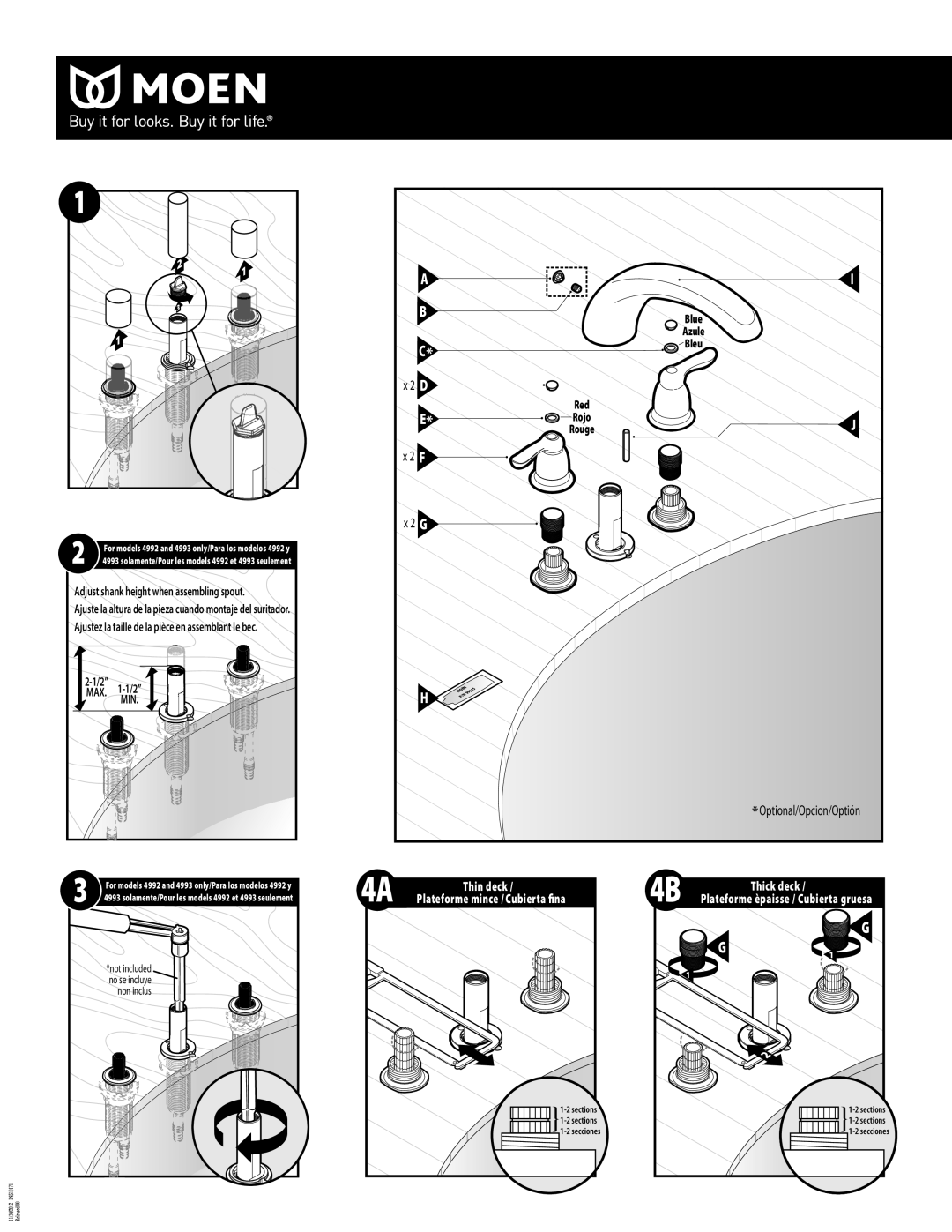 Moen T990, T994 warranty Adjust shank height when assembling spout, MAX -1/2 MIN, Optional/Opcion/Optión 