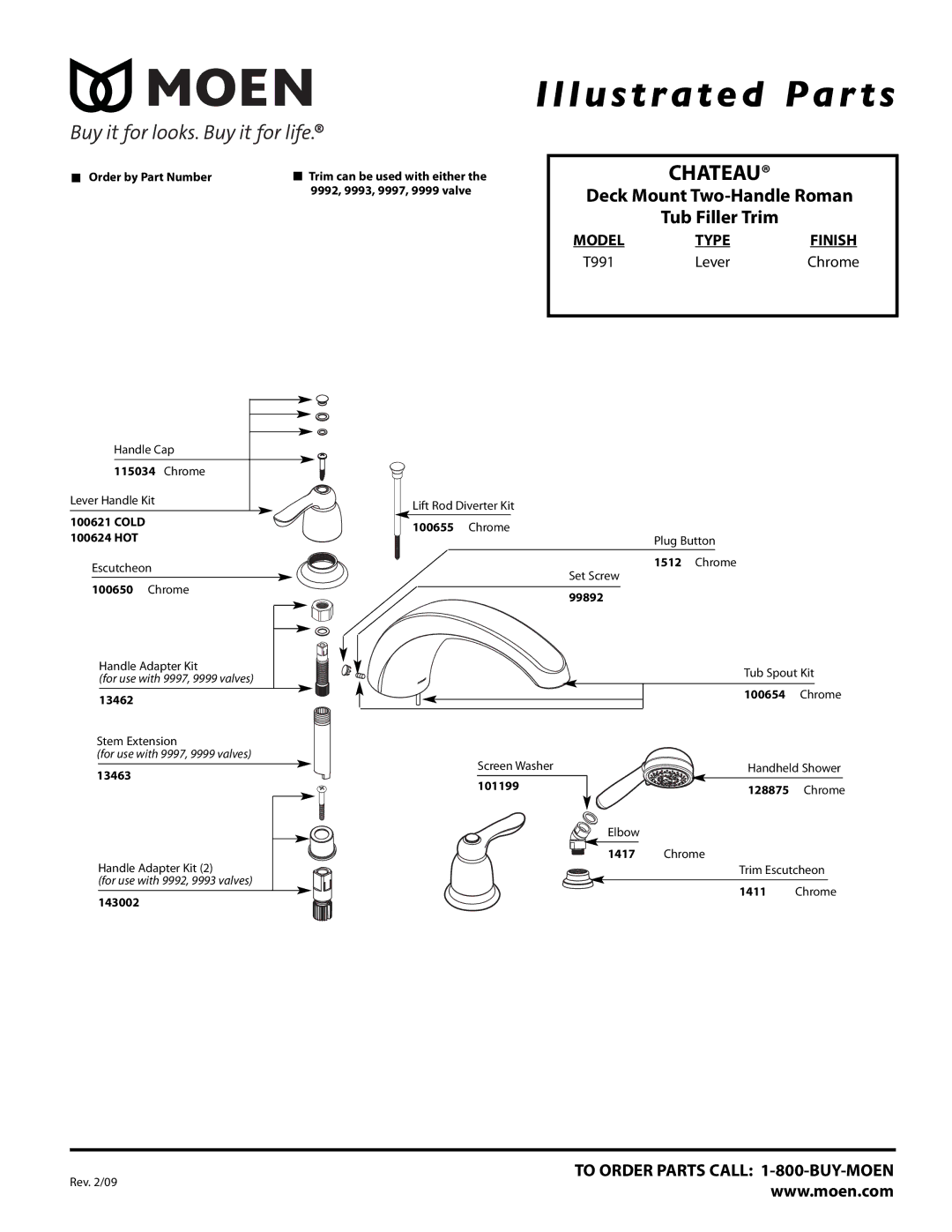 Moen T991 manual Illustrated Par ts, Chateau, Deck Mount Two-Handle Roman Tub Filler Trim, Model Typefinish 