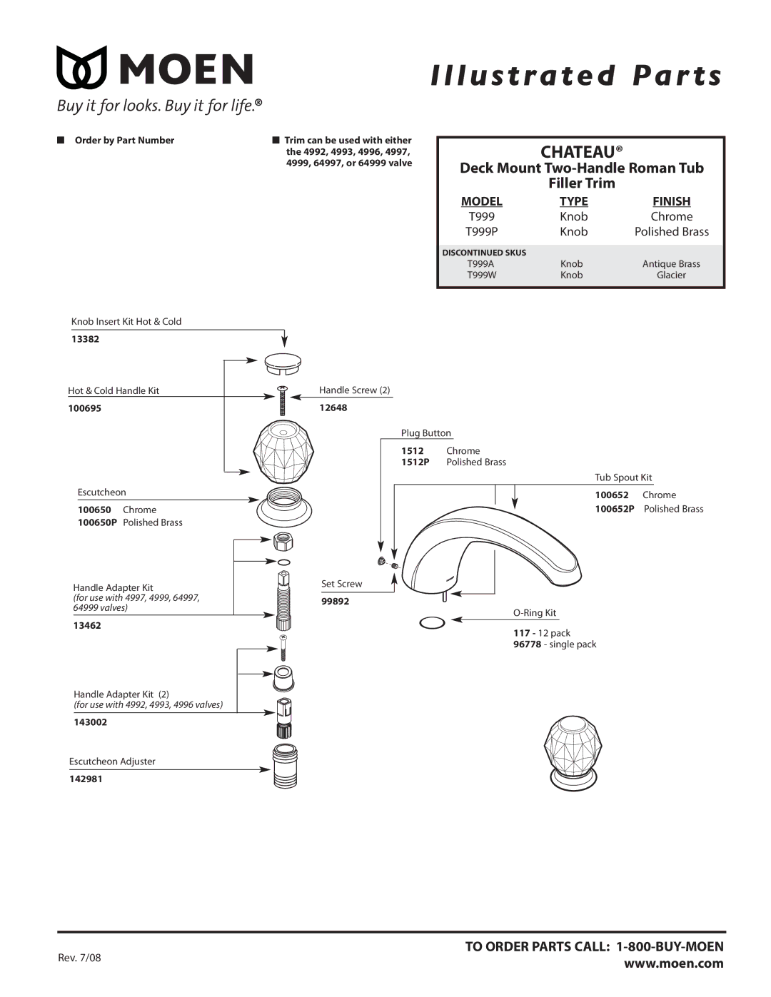 Moen T999A, T999W, T999P manual Illustrated Par ts, Chateau, Deck Mount Two-Handle Roman Tub Filler Trim, Type, T999 Knob 