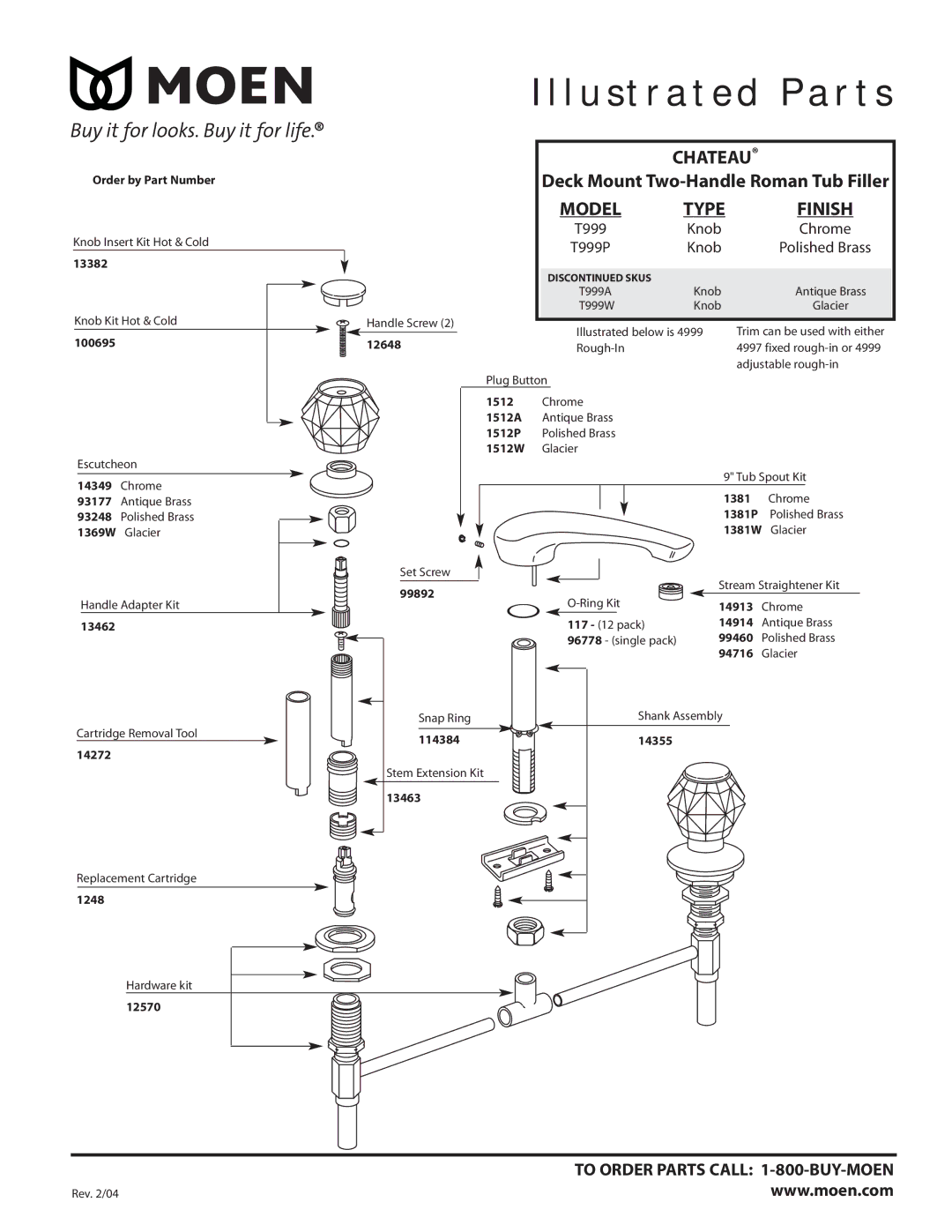 Moen T999P, T999W, T999A manual Chateau, Deck Mount Two-Handle Roman Tub Filler, Model, Finish 