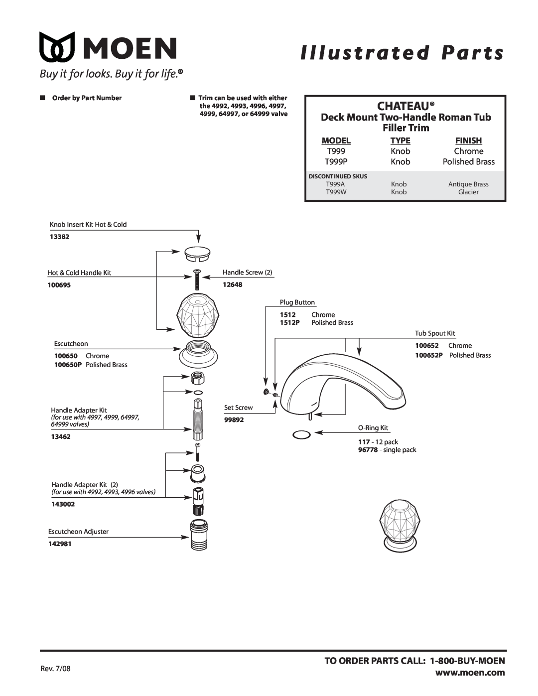 Moen T999A manual Illustrated Par ts, Deck Mount Two-Handle Roman Tub Filler Trim, Knob, Chateau, Type, Model, Finish 