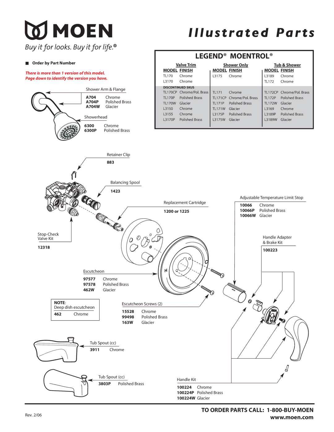 Moen TL171W, TL171P, TL172P, TL172W, TL170W, TL170P manual Illustrated Par ts, Model Finish, TL170CP, TL172CP, TL171CP 