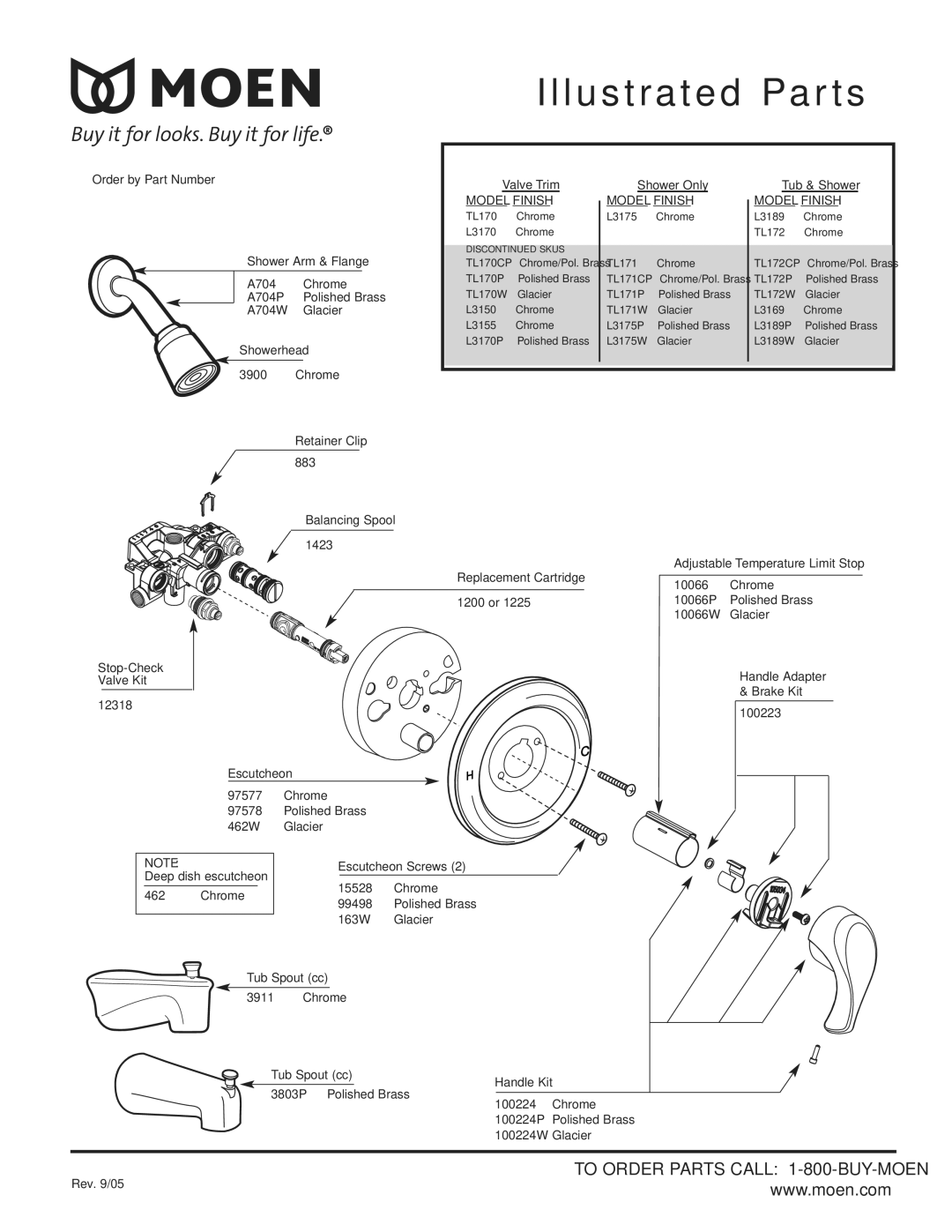 Moen TL171W, TL172CP, TL171P, TL172P, TL171CP, TL170CP, TL172W, TL170W, TL170P, 3803P, L3189 A704W Glacier Showerhead 3900 Chrome 