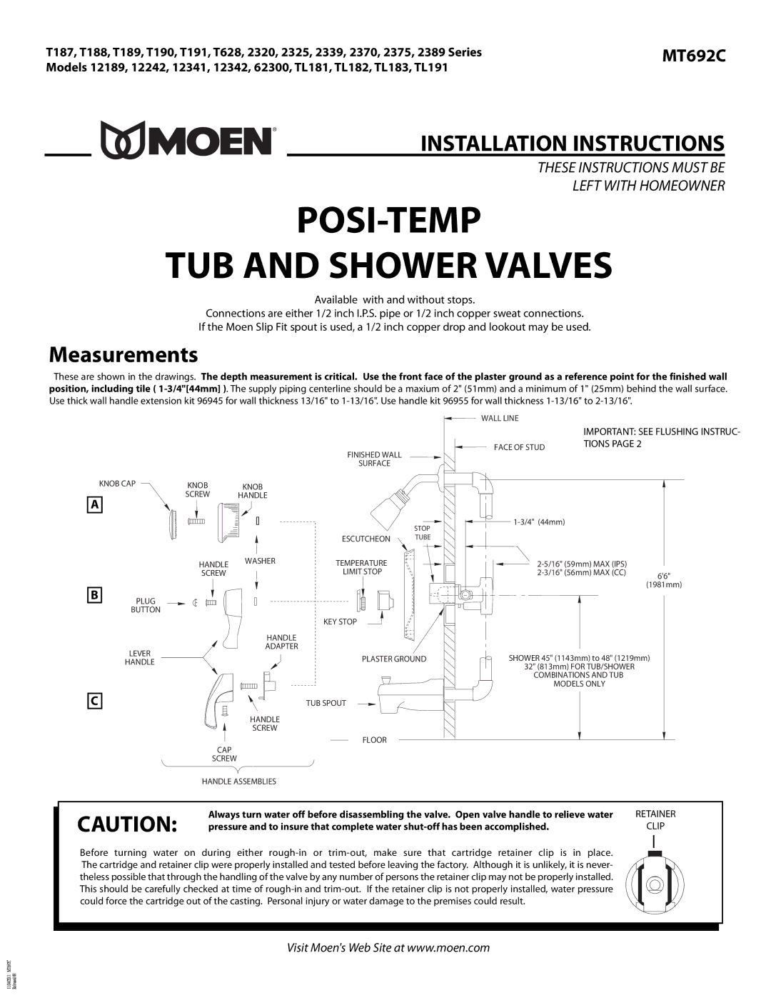 Moen TL183, TL181, TL191, TL182, 62300, 12242, 12342, 12189, 12341 installation instructions Measurements, Tions, Retainer Clip 