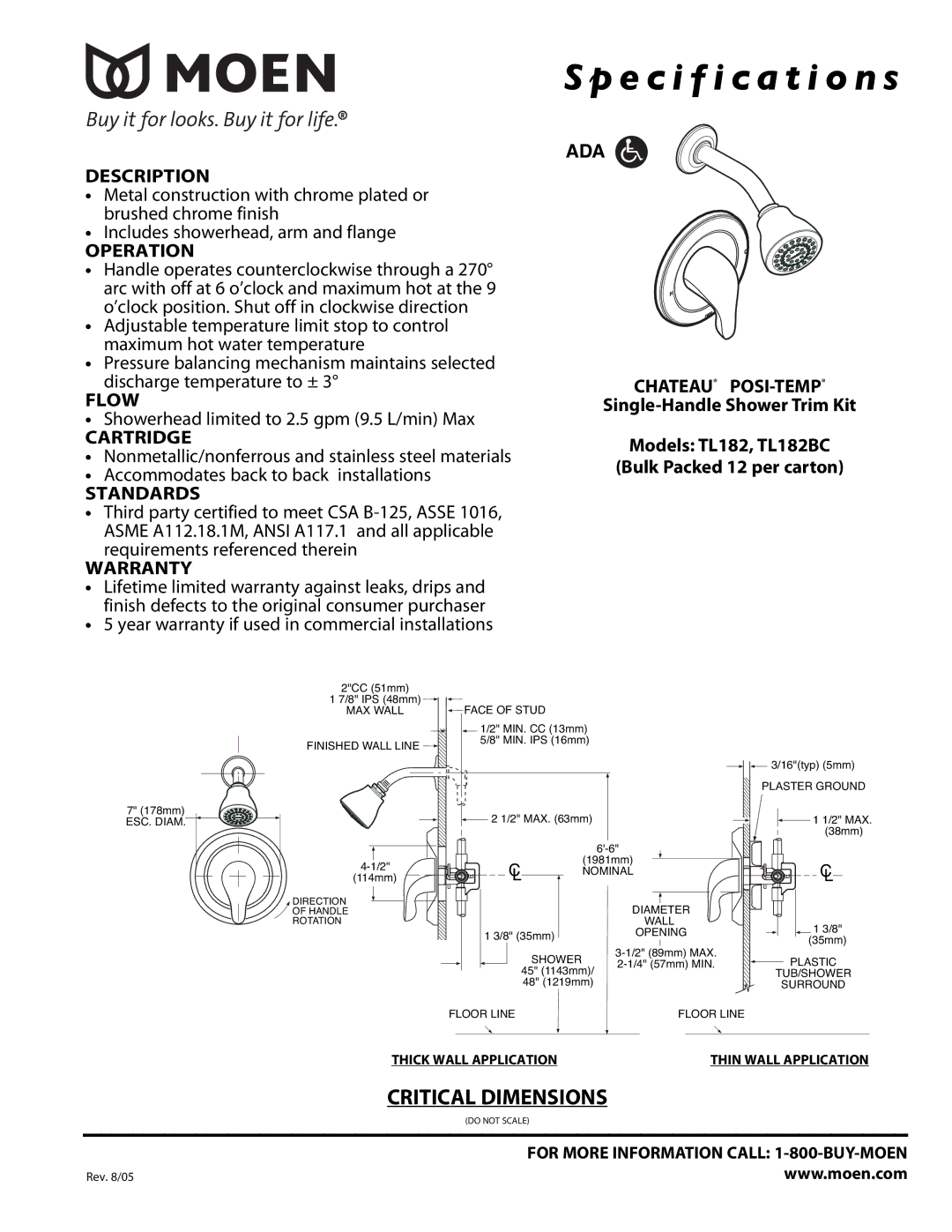 Moen TL182BC specifications Specification s, ADA Chateau POSI-TEMP 