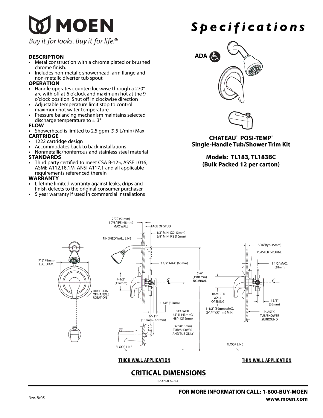 Moen TL183BC specifications Specification s, ADA Chateau POSI-TEMP 