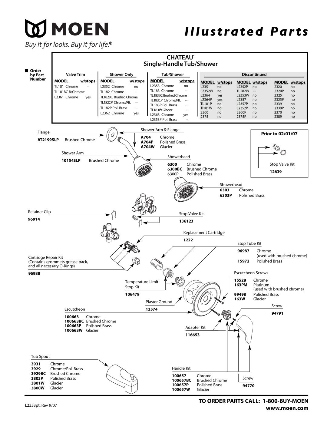 Moen TL181BC, TL183W, L2353P manual Illustrated Par ts, Chateau, Single-Handle Tub/Shower, Prior to 02/01/07 