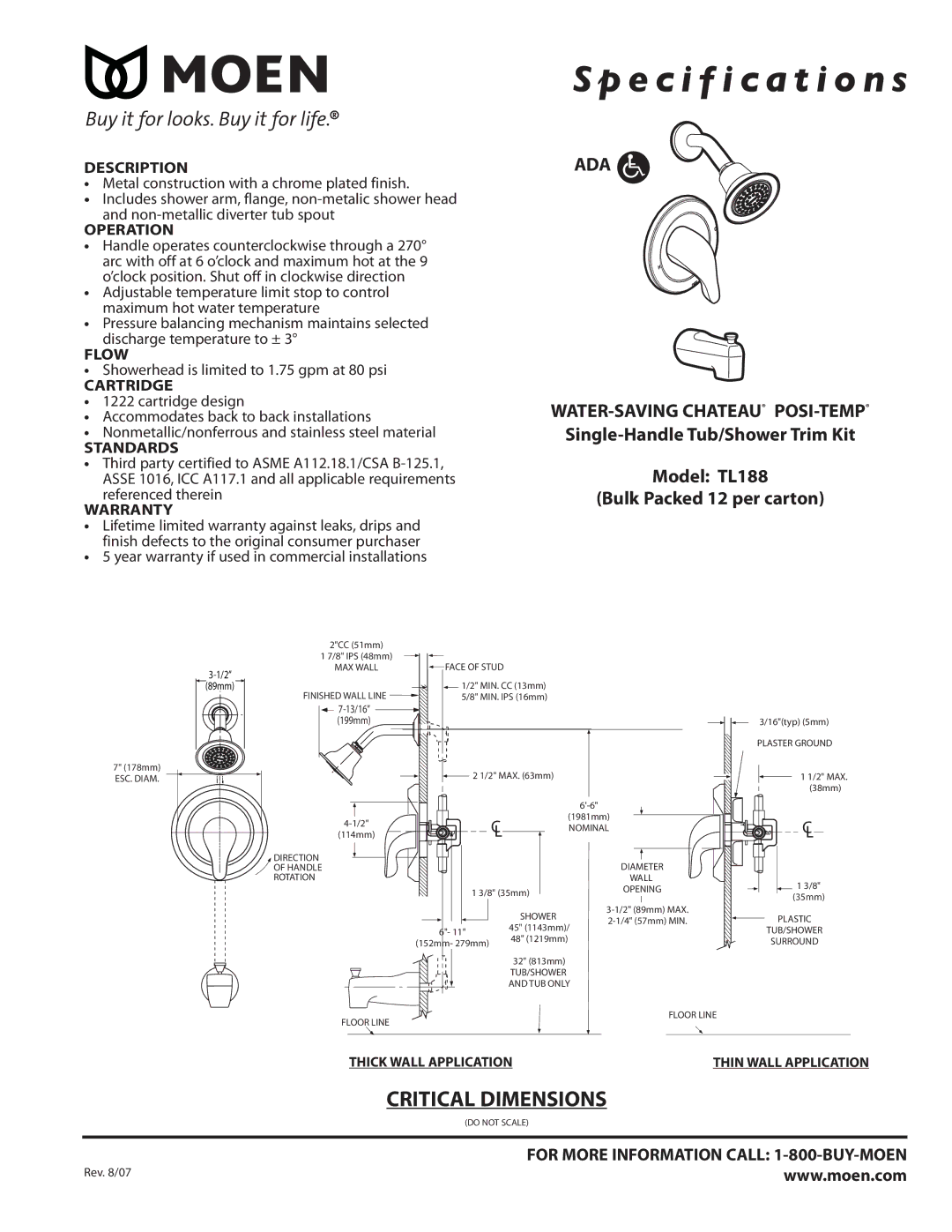 Moen TL188 specifications Description, Operation, Flow, Cartridge, Standards, Warranty 