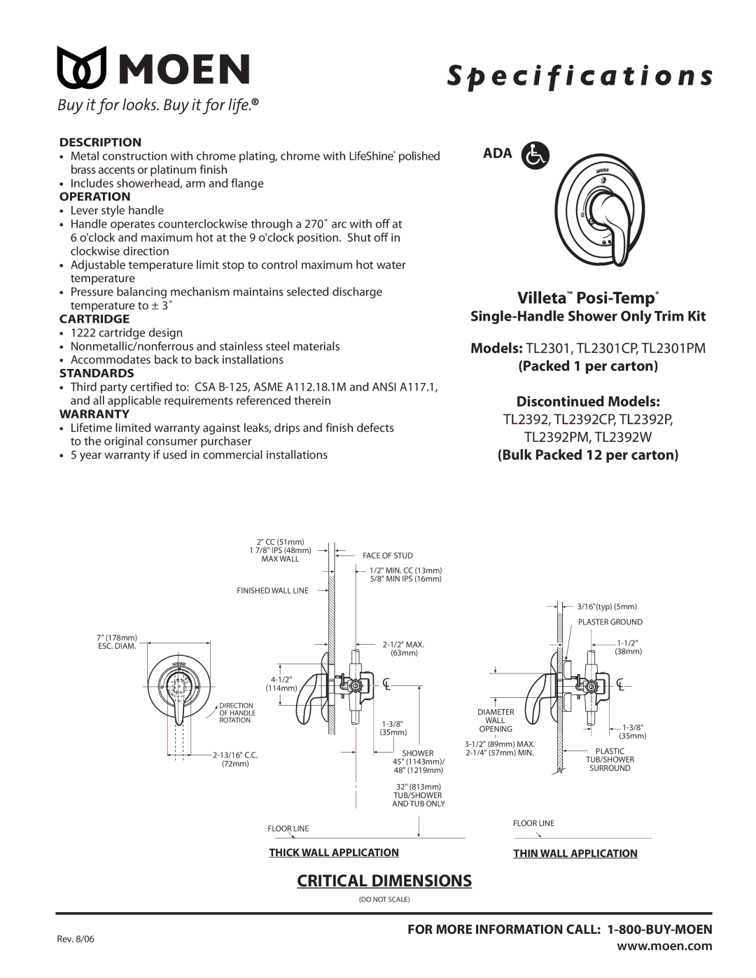 Moen TL2301CP, TL2301PM specifications Specification s, Villeta Posi-Temp, Single-Handle Shower Only Trim Kit 