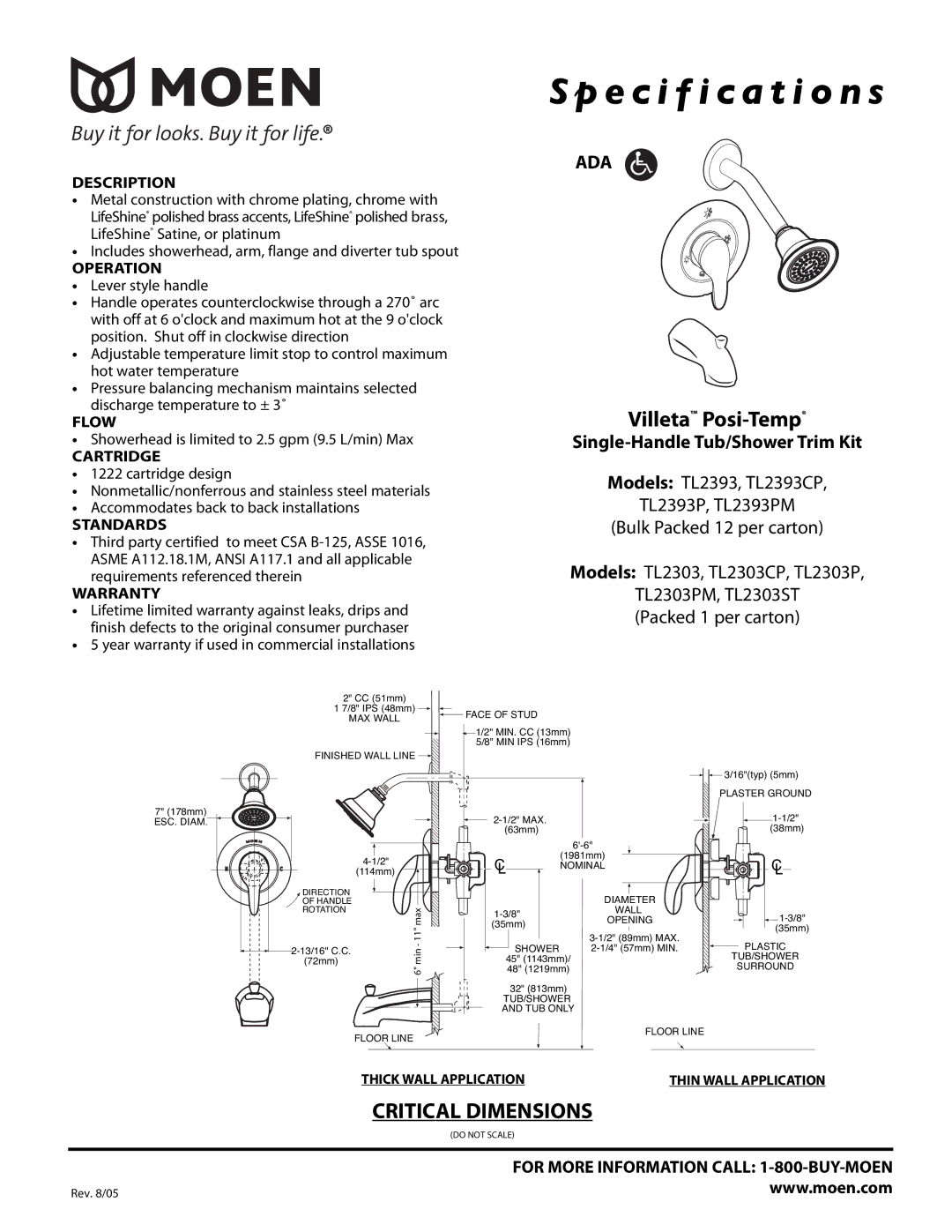 Moen TL2303CP, TL2393PM, TL2303ST specifications Specification s, Villeta Posi-Temp, Single-Handle Tub/Shower Trim Kit 