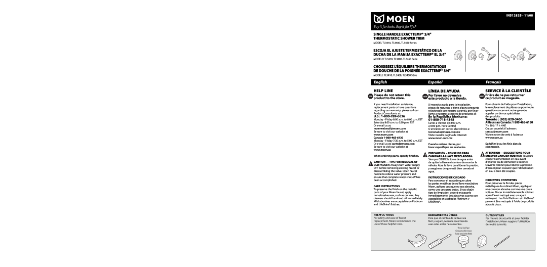 Moen TL3450 warranty INS1282B - 11/08, SINGLE HANDLE EXACTTEMP 3/4 THERMOSTATIC SHOWER TRIM, English, Help Line, Español 