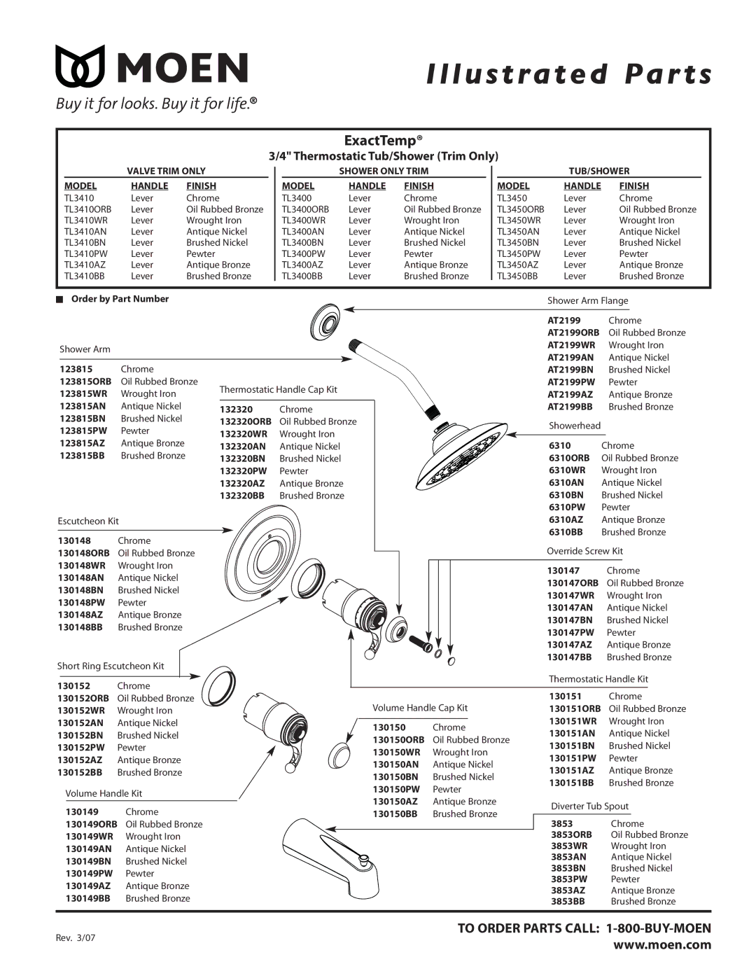 Moen TL3410BN, TL3450ORB manual Illustrated Par ts, ExactTemp, Thermostatic Tub/Shower Trim Only, TL3410ORB, TL3400ORB 