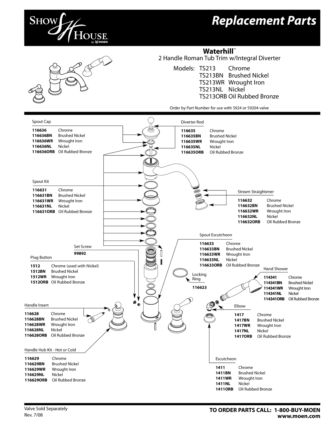 Moen TS213NL Nickel, TS213 Chrome, TS213OBR, TS213WR, TS213ORB manual Replacement Parts, Waterhill, TS213BN 