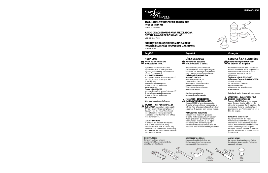 Moen TS214 warranty Stop Please do not return this product to the store, Moenwebmail@moen.com, En la República Mexicana